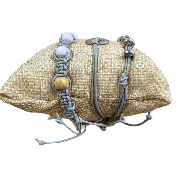 Genuine Leather, Stainless Steel & Olive Wood +Moss Agate Boho Bracelet Set of 3 - Picture 3 of 5